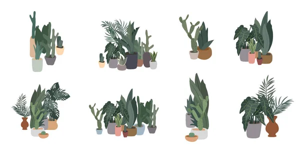 Colección de plantas en maceta. Selva urbana, decoración casera de moda con plantas, cactus, hojas tropicales. Conjunto de casa interior planta vector dibujado a mano de dibujos animados — Vector de stock