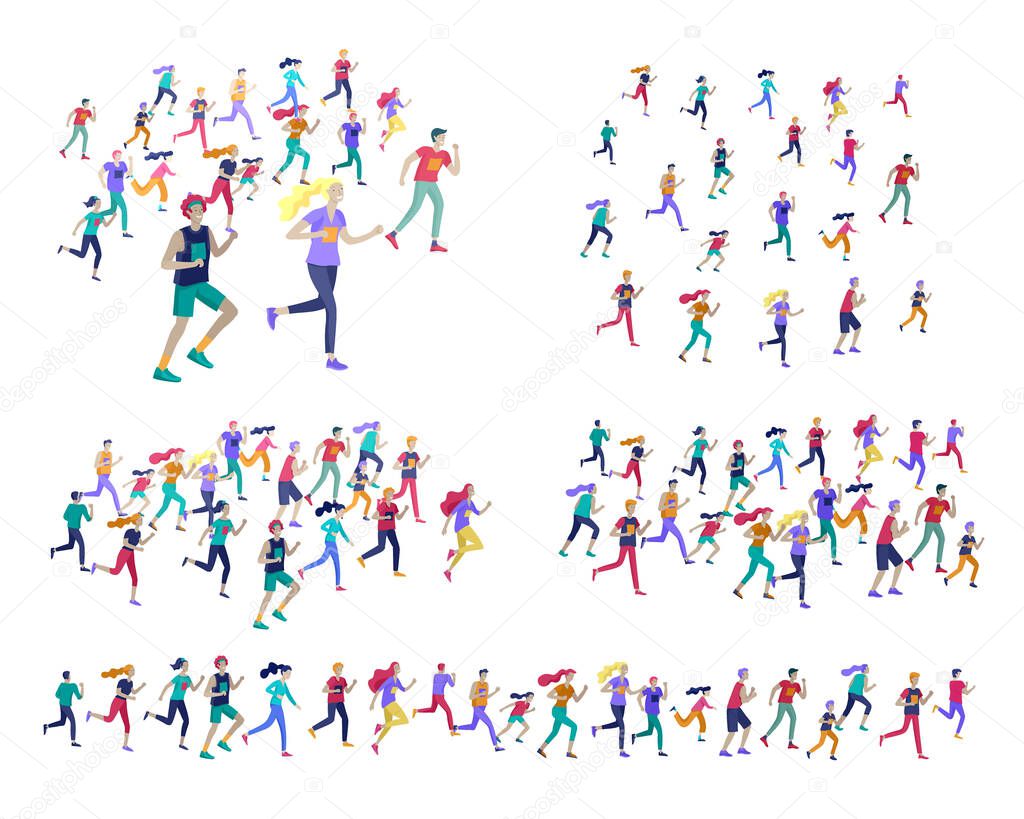 People Marathon Running Sport race sprint, concept illustration running men and women wearing sportswer in landscape. Jogging at Training. Healthy Active Speed Exercise. Cartoon Vector Illustration