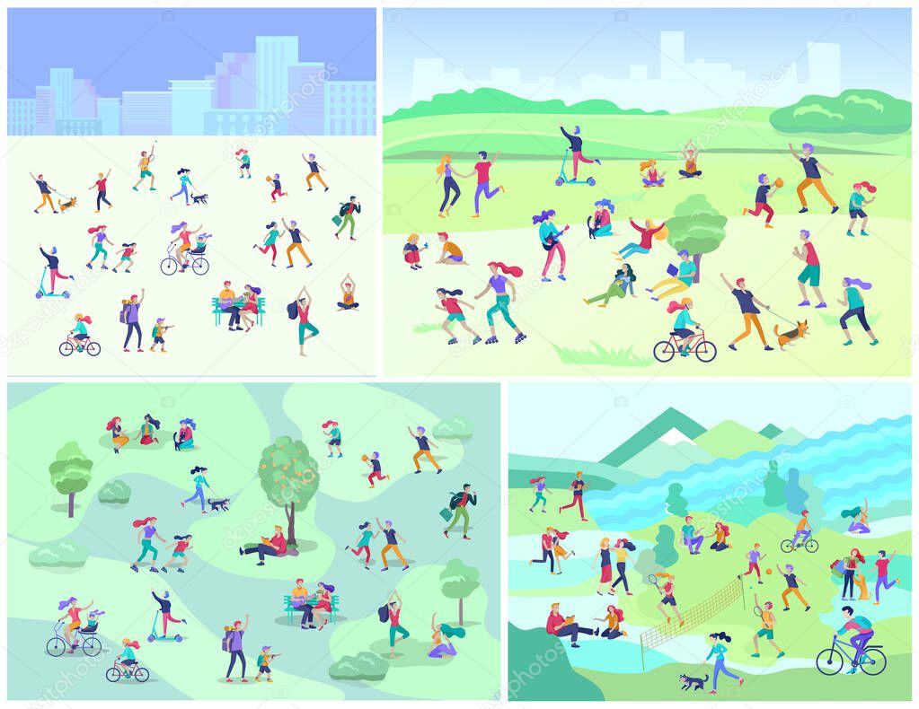 People Spending Time, Relaxing on Nature, family and children performing sports outdoor activities at park, walking dog, doing yoga, riding bicycles, tennis workout. Cartoon vector