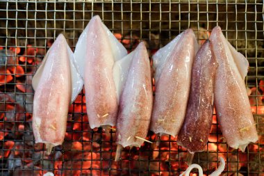 Gece parti kömür bir ateşte kızarmış taze kalamar