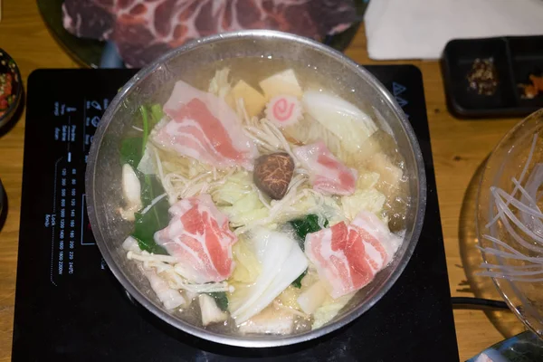 Carne Porco Vegetais Uma Panela Quente Para Fazer Sukiyaki Shabu — Fotografia de Stock