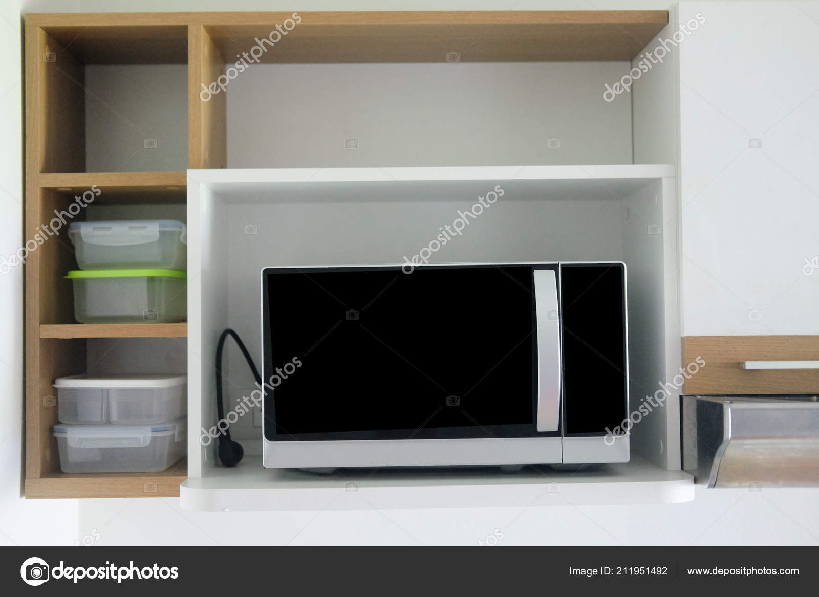 Microwave Wooden Shelf Clean Modern Kitchen Stock Photo