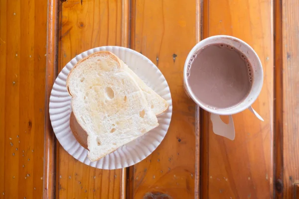 Cukrozott Sűrített Tej Forró Kávét Fából Készült Asztal Tálalva Toast — Stock Fotó