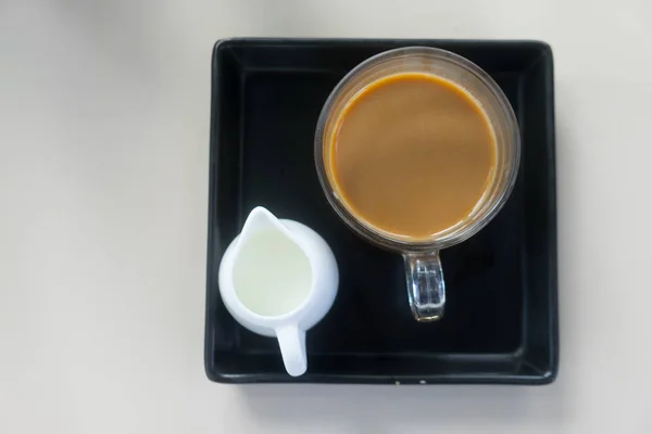 Morning Cup Hot Coffee Fresh Milk Black Tray — Stock Photo, Image