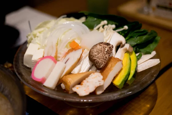 Close Vegetais Variedade Para Sukiyaki Hotpot Definido Restaurante Com Foco — Fotografia de Stock