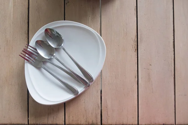 Top View White Ceramic Dish Spoon Fork — Stock Photo, Image