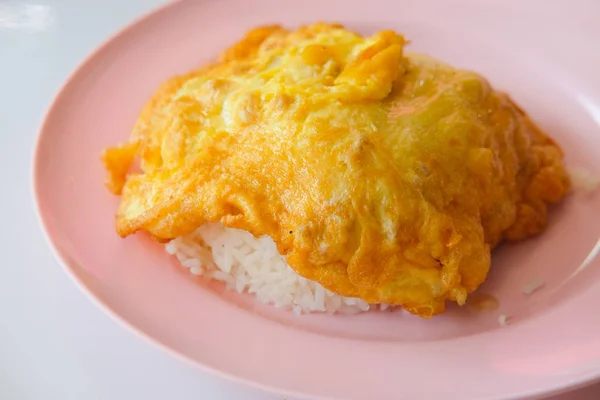 Thai Style Pork Omelette Hot Steamed Rice Pink Dish — Stok Foto