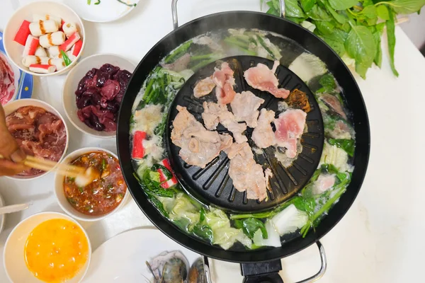 Thai Style Hot Pot Homemade Family Time Mix Vegetables Sukiyaki — Stock Photo, Image