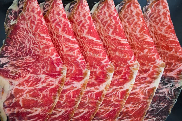 Rebanada Carne Roja Cruda Para Shabu Sukiyaki Estilo Japonés Puede — Foto de Stock