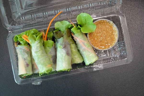 Fresh spring rolls in fusion food style. Chinese Vegetarian Food Festival in Thailand