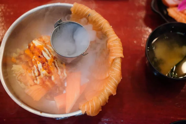 Presentation Raw Fresh Salmon Sashimi Sliced Thinly Pot — Stock Photo, Image