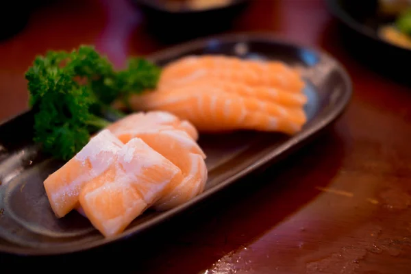 Surový Salmons Filet Jídlo Restauraci Styl Japonské Jídlo Selektivní Ostření — Stock fotografie