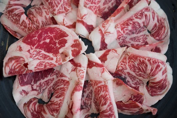 Rebanada Carne Roja Cruda Para Shabu Sukiyaki Estilo Japonés — Foto de Stock