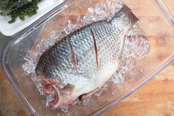 Raw Tilapia Ryby Pole Gotowanie Ziołami Tajskie Jedzenie — Zdjęcie stockowe