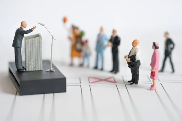 Miniature People Politician Party Candidate Excited Speech Persuades Vote Him — Stock Photo, Image