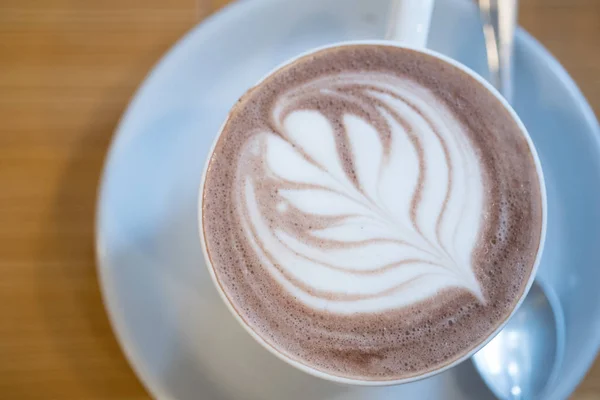 Chocolat Chaud Latte Art Forme Coeur Sur Table Bois — Photo