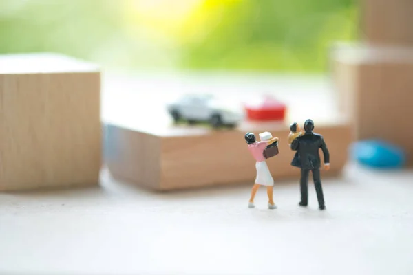 Miniature People Adult Couple Baby Figure Standing Looking Further Concept — Stock Photo, Image