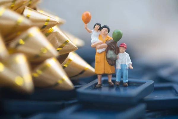 Miniature People Mom Son Holding Balloon Merry Christmas Happy New — Stock Photo, Image