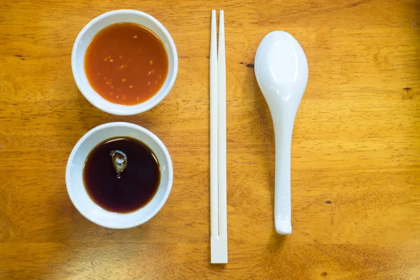 Colocación Plana Elegante Juego Comedor Para Shabu Shabu Con Salsa — Foto de Stock