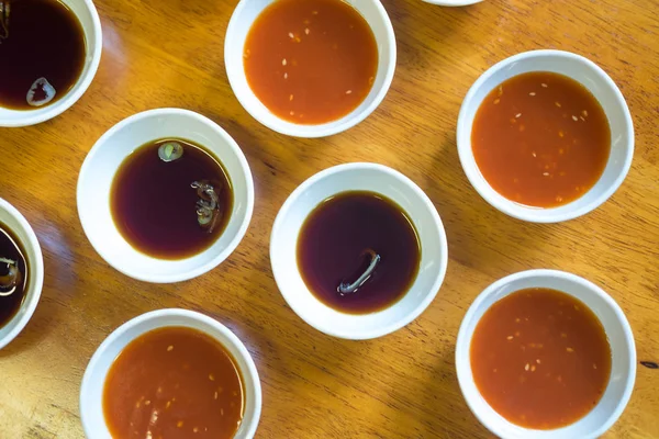 Chinese Shabu Sauce Bowl Wooden Table Restaurant — Stock Photo, Image