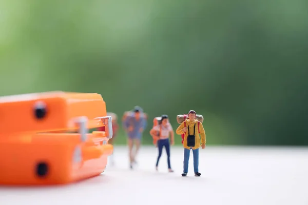 Miniature People Backpacker Standing Front Suitcase Travel Holiday Business Concept — Stock Photo, Image