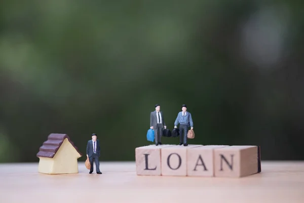 Miniature Business People Stand Wood Word Loan Concept Business Mortgage — Stock Photo, Image