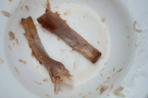 De overblijfselen van varkensvlees bot hough na eten — Stockfoto