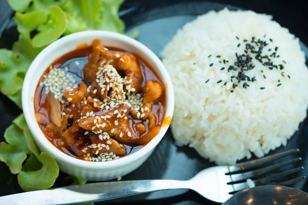 Mélanger le porc frit avec la sauce et le sésame servi avec du riz — Photo