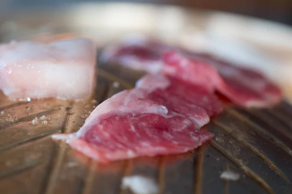 난로에 뜨거운 냄비에 넣어 돼지고기 또는 고기 — 스톡 사진