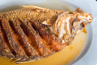Balık sosu ile tepesinde kızarmış snapper