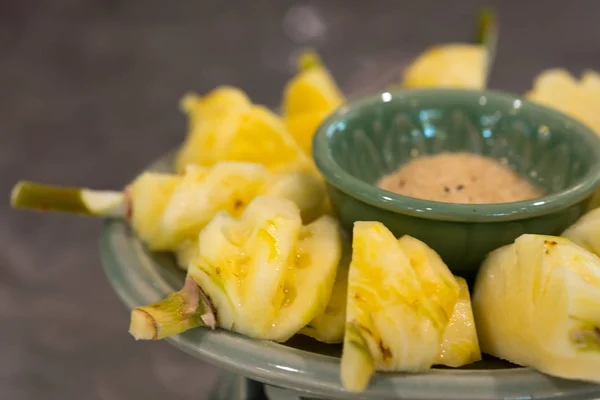 Slice of pineapple is ready to eat, Pineapple is citrus fruit for appetizer or eat after meal and rich with vitamin and other nutrient for good health.