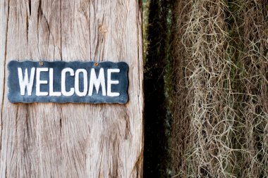 Ahşap duvara asılı ahşap etiket hoş geldiniz metin