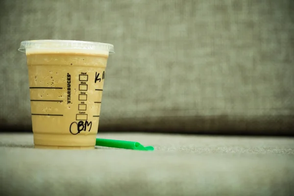 BANGKOK, THAILAND - April 12, 2019: Starbucks coffee cold beverage drink on table