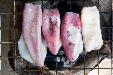 Bir kömür barbekü ızgara üzerinde ızgara kalamar