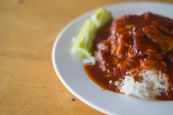 Babi merah panggang dengan saus dan nasi.. — Stok Foto