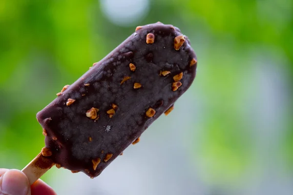Ice cream bar - vanilla covered with chocolate and almonds