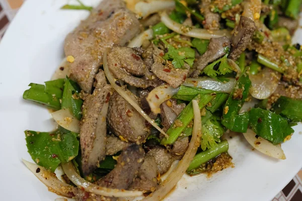 Spicy pork liver salad (Tub Wan) is a Thai Esan food — Stock Photo, Image