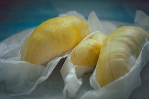 Durian Kuning Daging Raja Durian Buah Buahan Piring Siap Untuk — Stok Foto