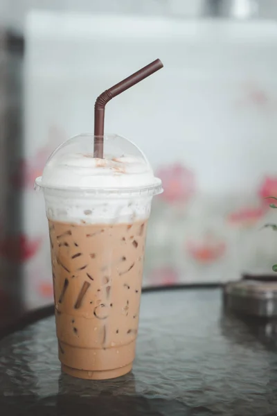 Iced Coffee Latte Drinking Straw Table Coffee Shop — Stock Photo, Image