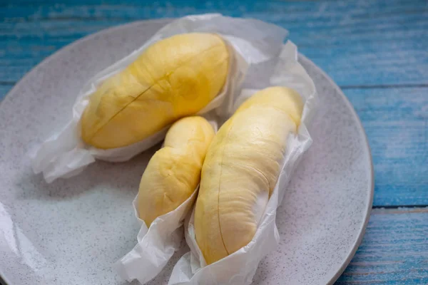 Durian Kuning Daging Raja Durian Buah Buahan Piring Siap Untuk — Stok Foto