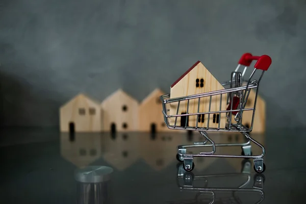 Küçük alışveriş arabasında ahşap ev. Dükkanın yeni konaklama tanıtımı konut kredisi ve kredi kavramı