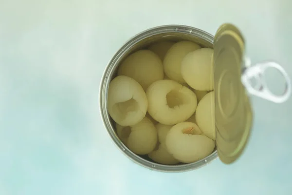Close up of Open longan canned. Canned goods non perishable food storage goods in kitchen home
