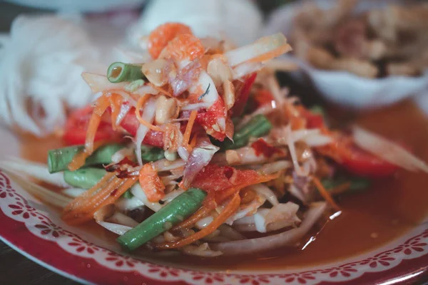 Som Tum Thai Oder Grüner Papaya Salat Selektiver Fokus — Stockfoto