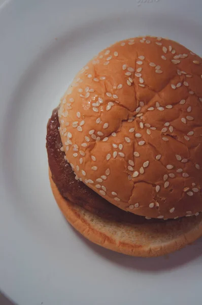 Fresh Tasty Pork Burger Close Top View — Stock Photo, Image