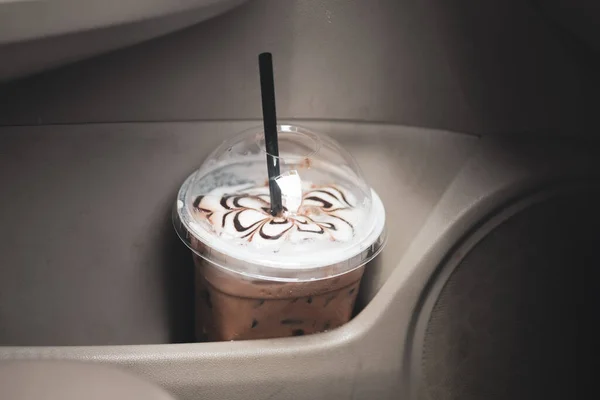 Iced coffee Mocha in car on travel time