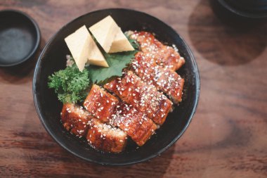 Japon yılan balığı pirinçle ızgara ya da Unagi Don Japon usulü kase. Seçici odak