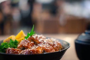 Üzerine ızgara Japon yılan balığı konmuş bir kase pirinç. Seçici odak