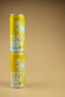 Samut Prakan, Tayland - 19 Ağustos 2020: Singha limonlu konserve soda şekersiz 