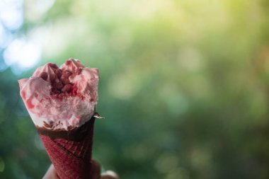 El ele tutuşup pembe waffle külahı ile doğanın bulanık arka planında çilekli dondurmanın görüntüsünü kapat.