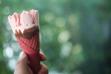 El ele tutuşup pembe waffle külahı ile doğanın bulanık arka planında çilekli dondurmanın görüntüsünü kapat.